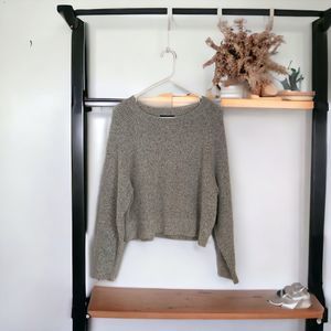 Express Women's Silver Sequined Gray Crewneck Crop Ribbed Sweater Medium